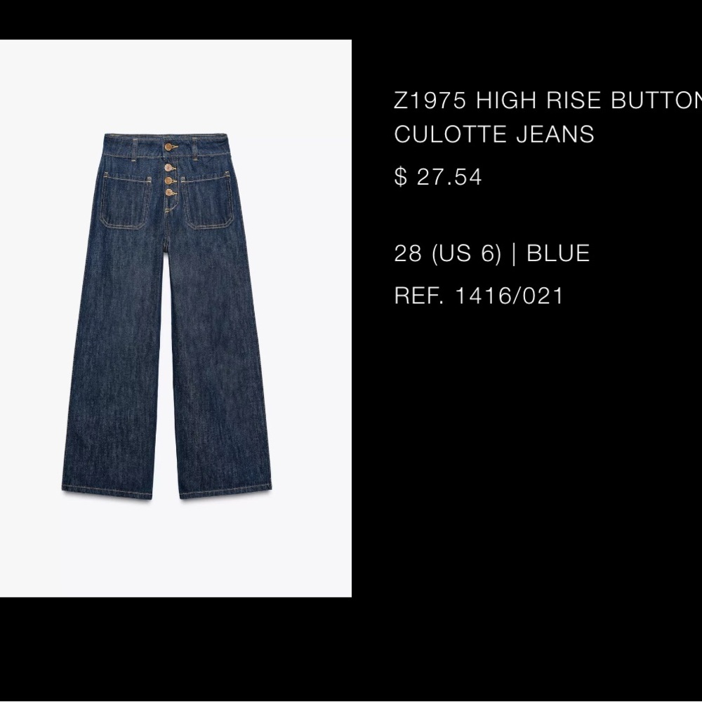 Zara High Rise Button Culotte Jeans - Dark Blue